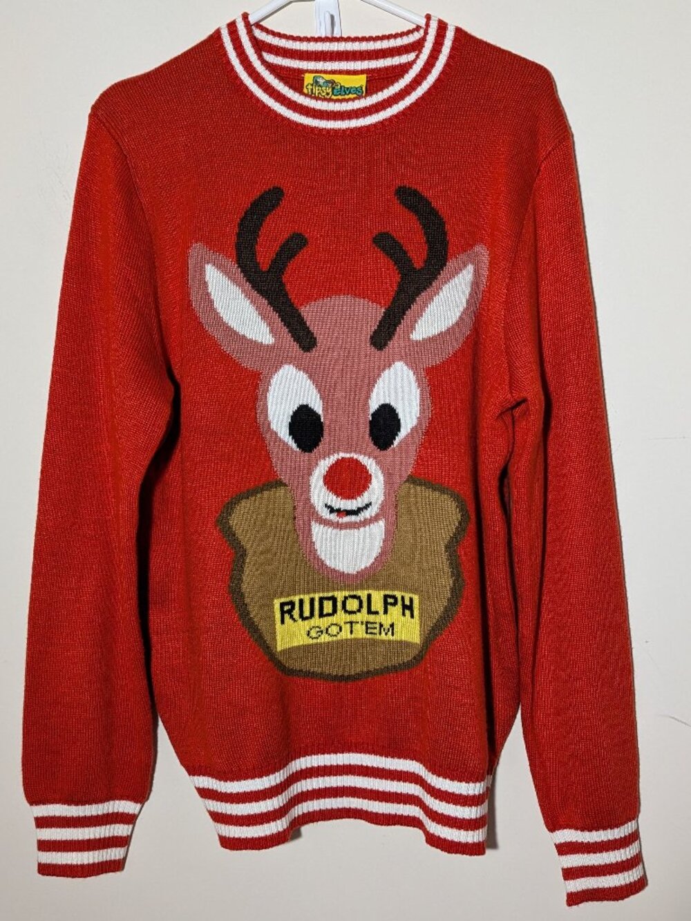 Tipsy Eves Rudolph Got Them Holiday Embroidered Sweater Sz L Orange